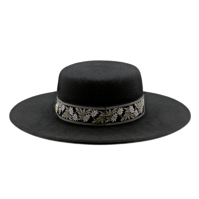 Abyss - Black Wide-Brim Wool Hat with Floral Green Ribbon FINAL SALE