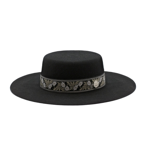 Abyss - Black Wide-Brim Wool Hat with Floral Green Ribbon FINAL SALE