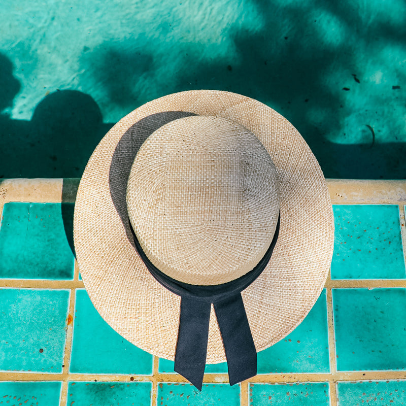 The Sunny Spot - Natural Short-Brim Straw Hat with Black Ribbon FINAL SALE