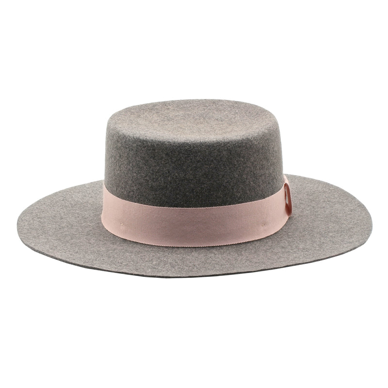 The Californian - Mixed Grey Wide-Brim Wool Hat with Light Pink Ribbon FINAL SALE